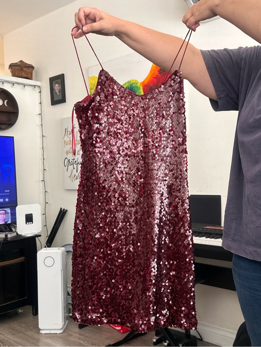 Wayf Burgundy Sequin Mini Slip Dress